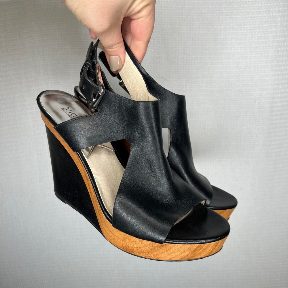 Michael Kors Black Leather Wooden Wedge Slingback Heels Women Size 9.5 - Picture 1 of 8